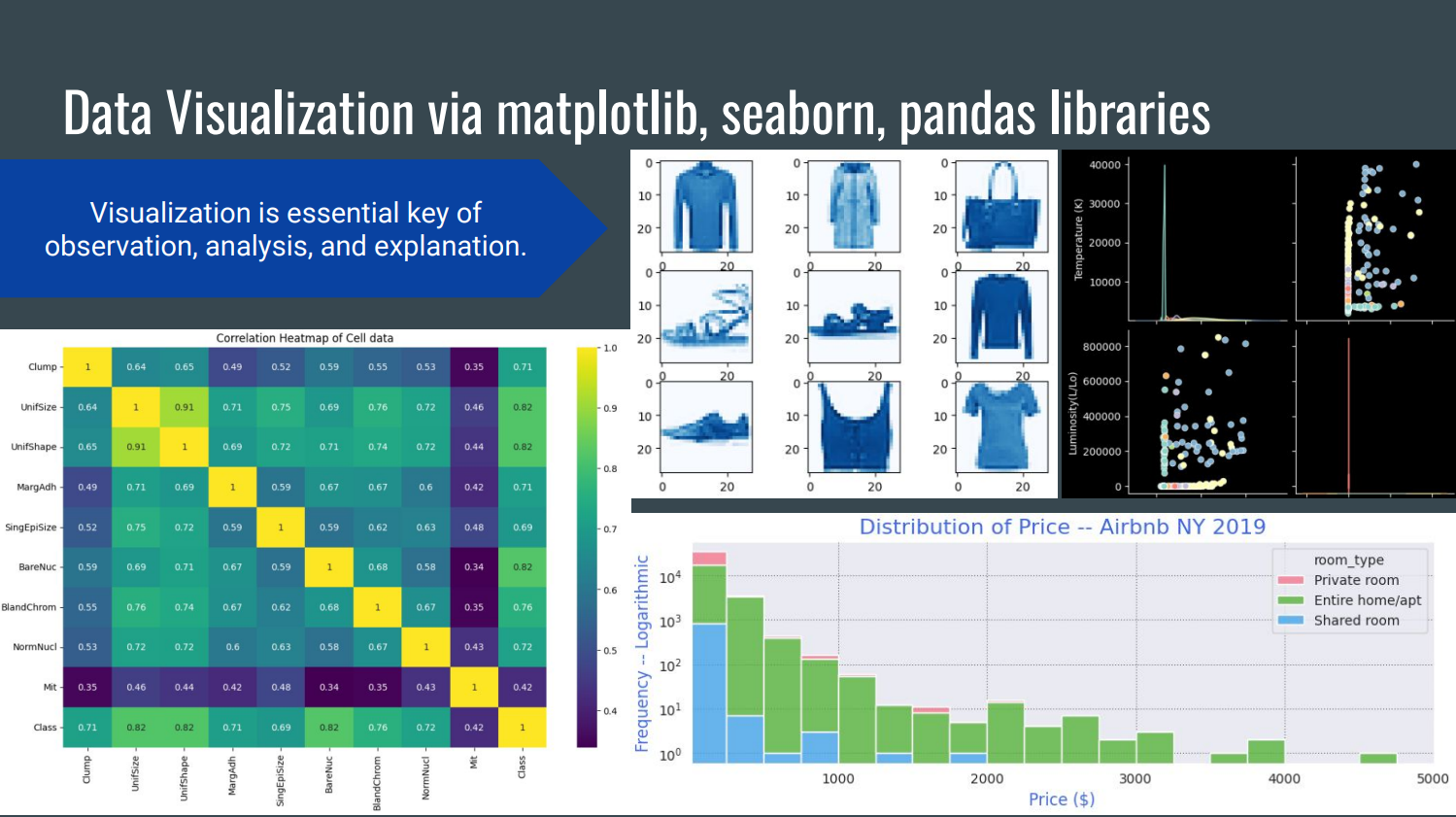 Data Visualization via matplotlib, seaborn, pandas libraries
