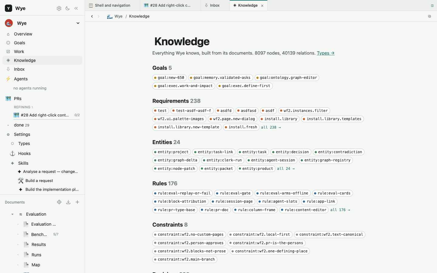 The Knowledge page: everything the product knows, by kind
