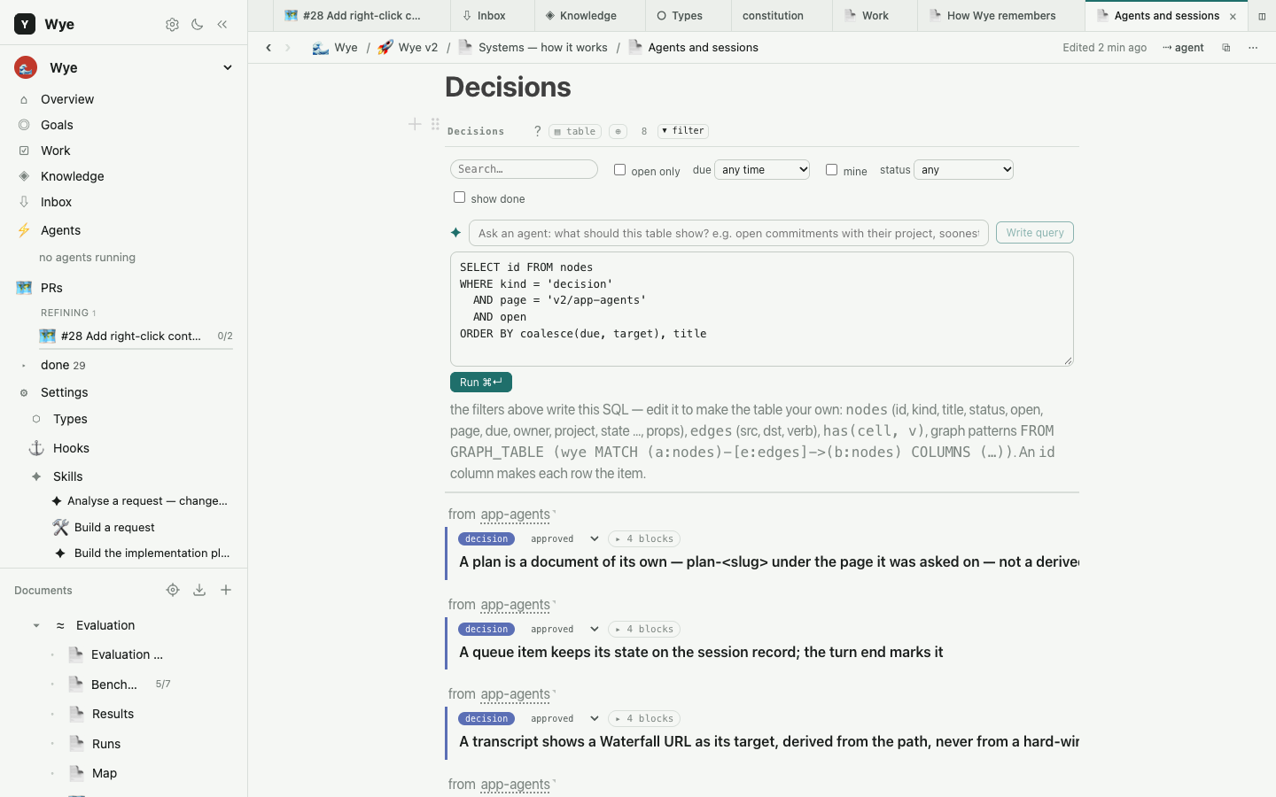 A table's filter opened: the SQL it runs, and an agent ready to write one