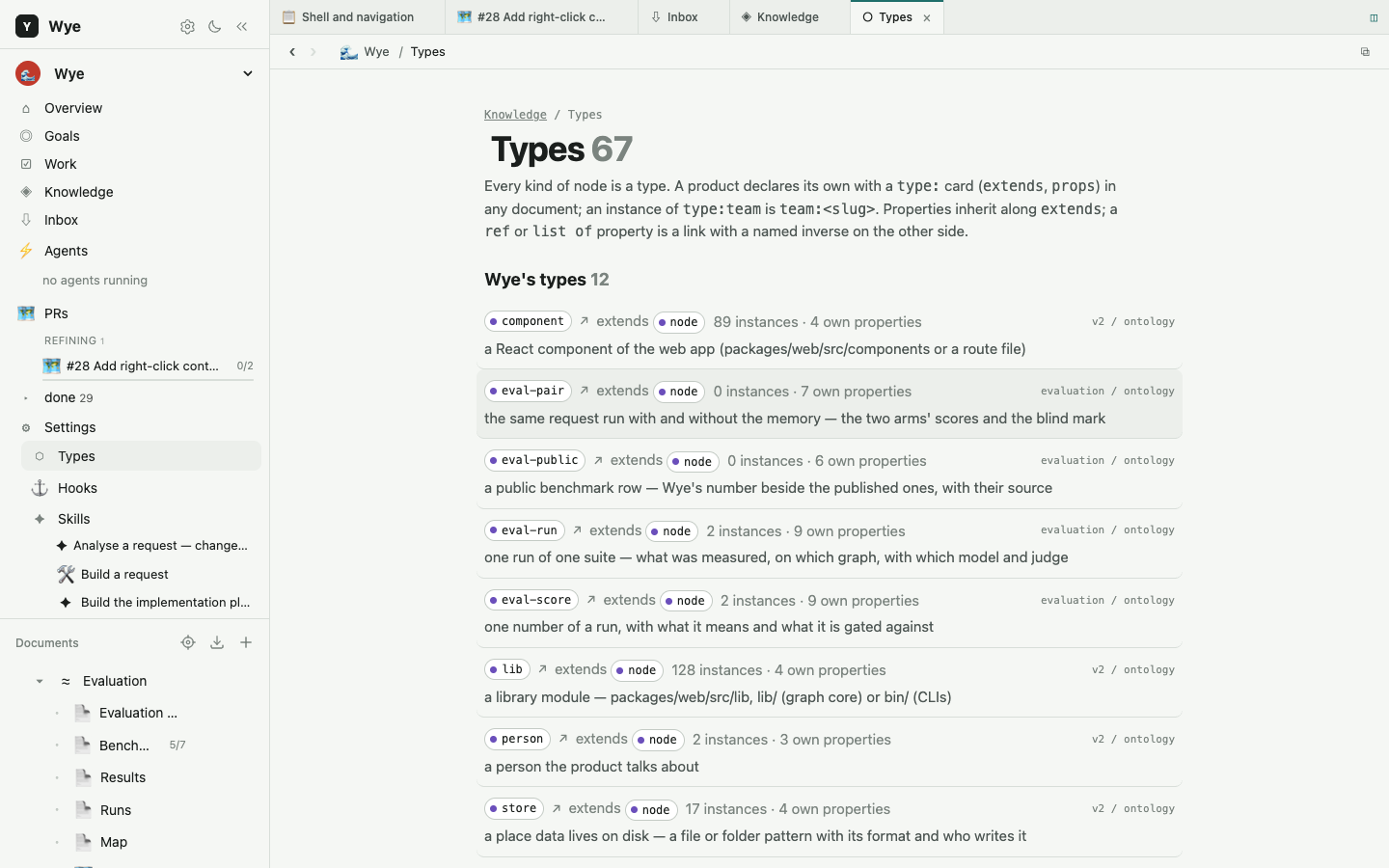 The Types page: each type with its parent, properties and instances