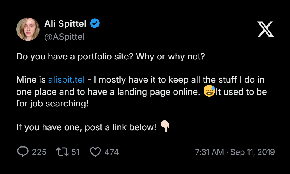 Ali Spittel's inspiring tweet about developer portfolios