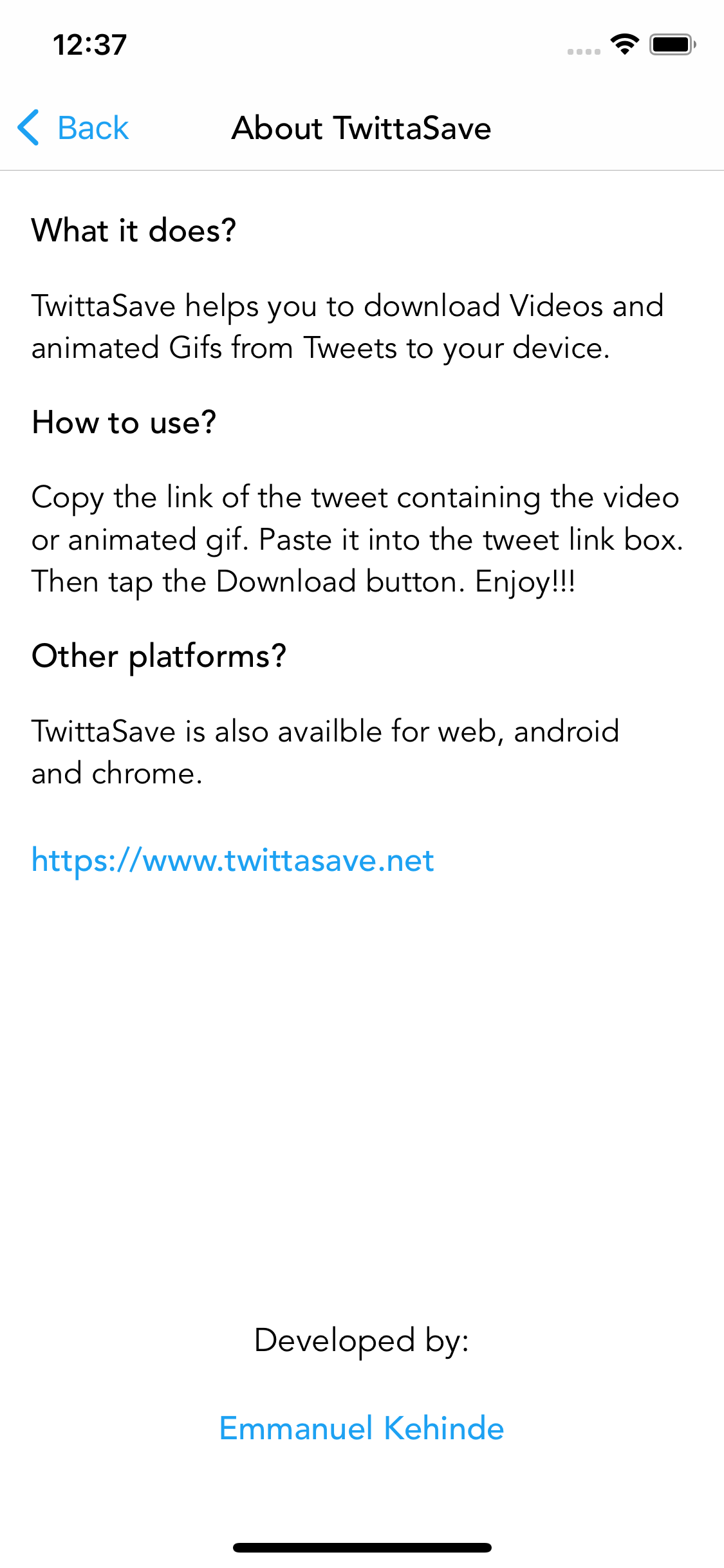 Twittasave iOS About