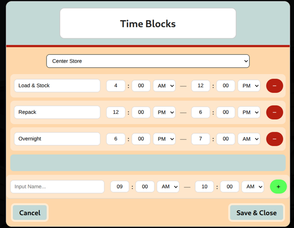 The 'Time Blocks' management menu.
