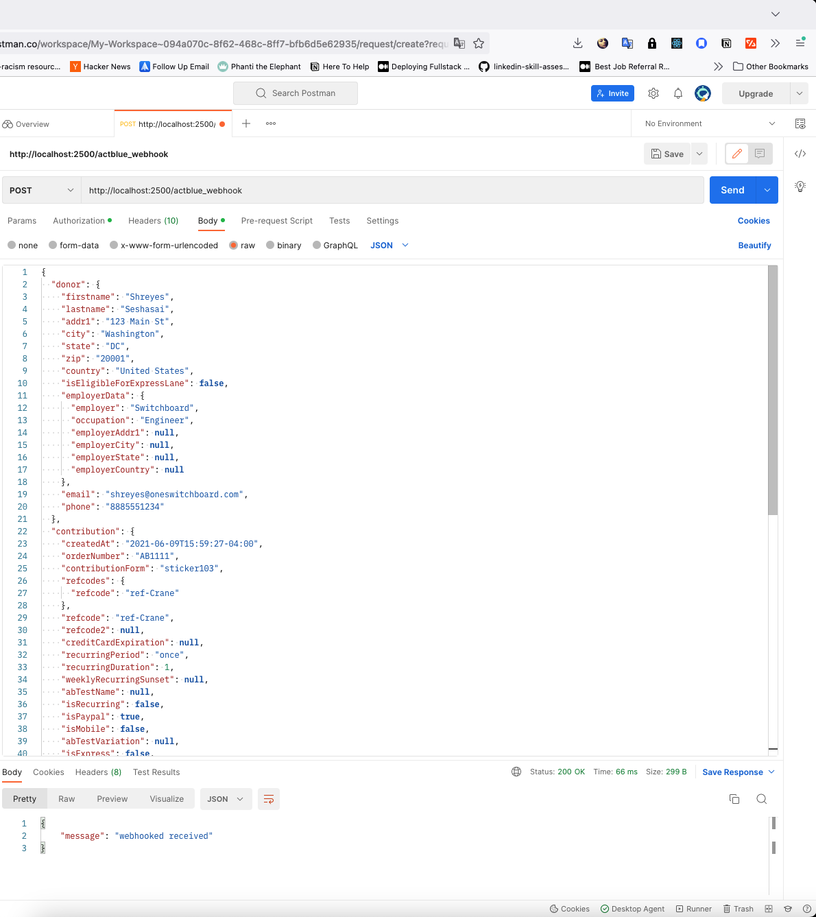 screenshot showing the json object and 200 status