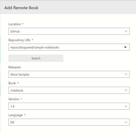 Azure Data Studio remote book dialog