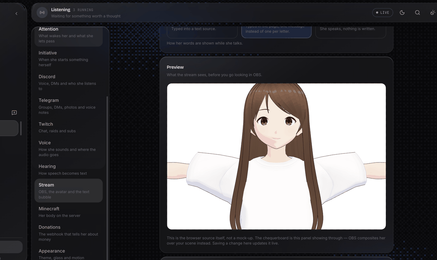 The stream preview showing Bea's 3D model