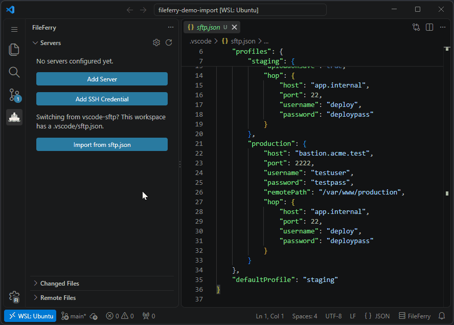 Importing .vscode/sftp.json with one click: both servers appear and the plaintext passwords move to the OS keychain