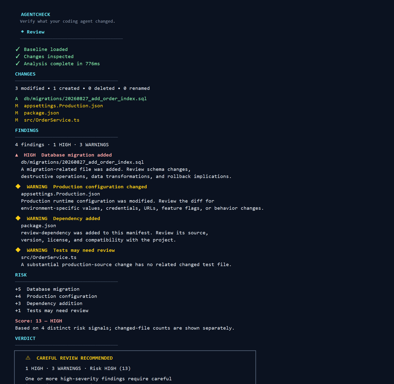 AgentCheck interactive review showing changes, findings, risk, and verdict