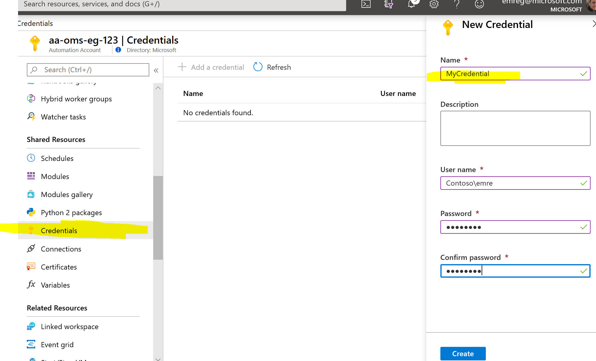 Azure Automation Credentials