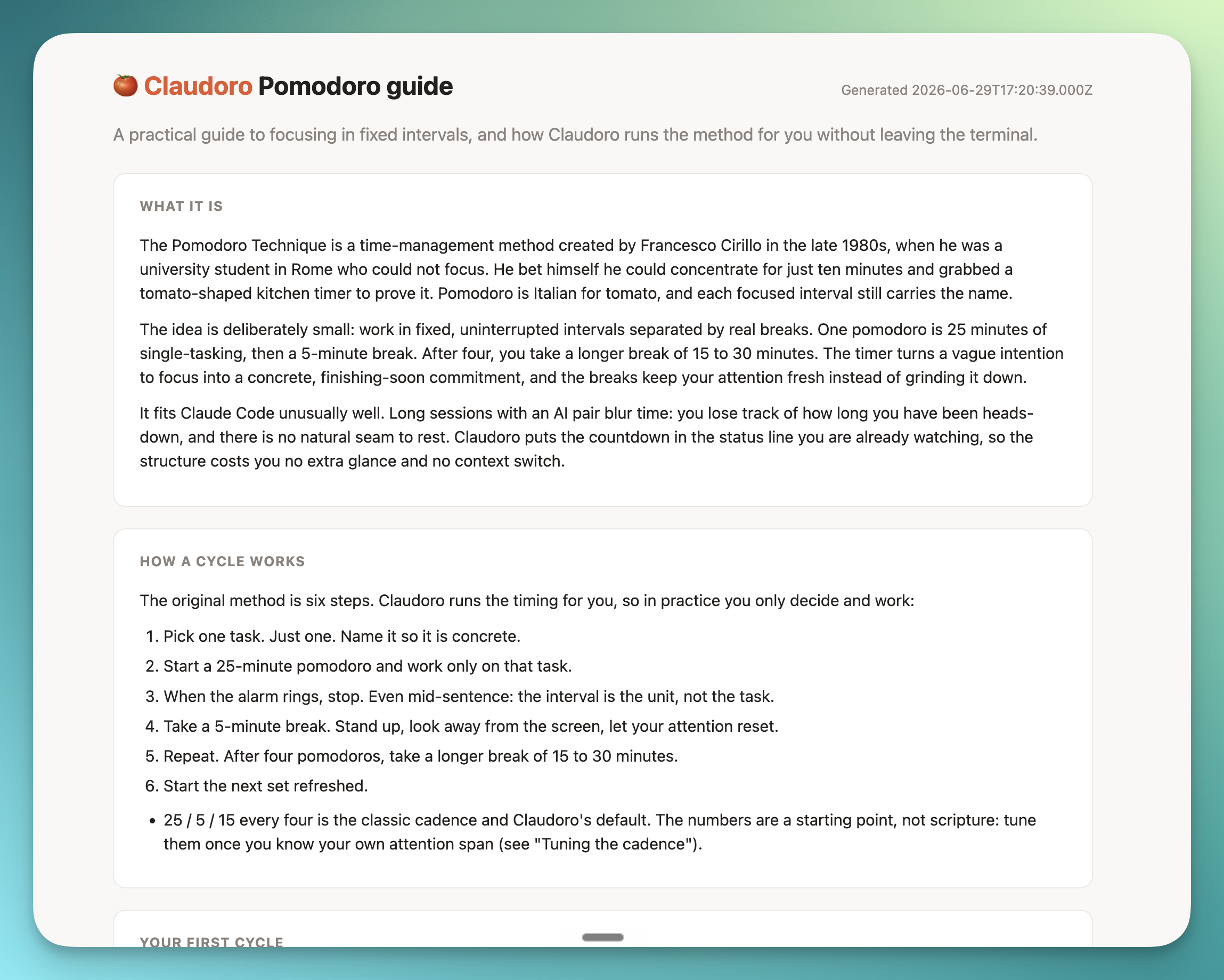 The Claudoro Pomodoro guide rendered as a self-contained web page