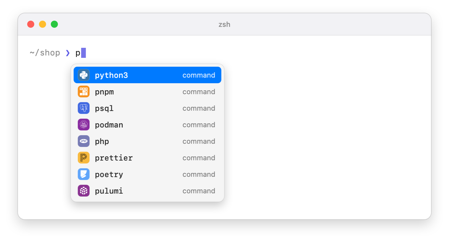 Terminal window with the letter p typed and the popup listing commands with product icons