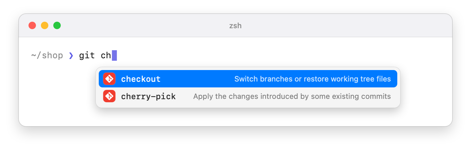 Terminal window with git ch typed and the popup listing the git subcommands that match