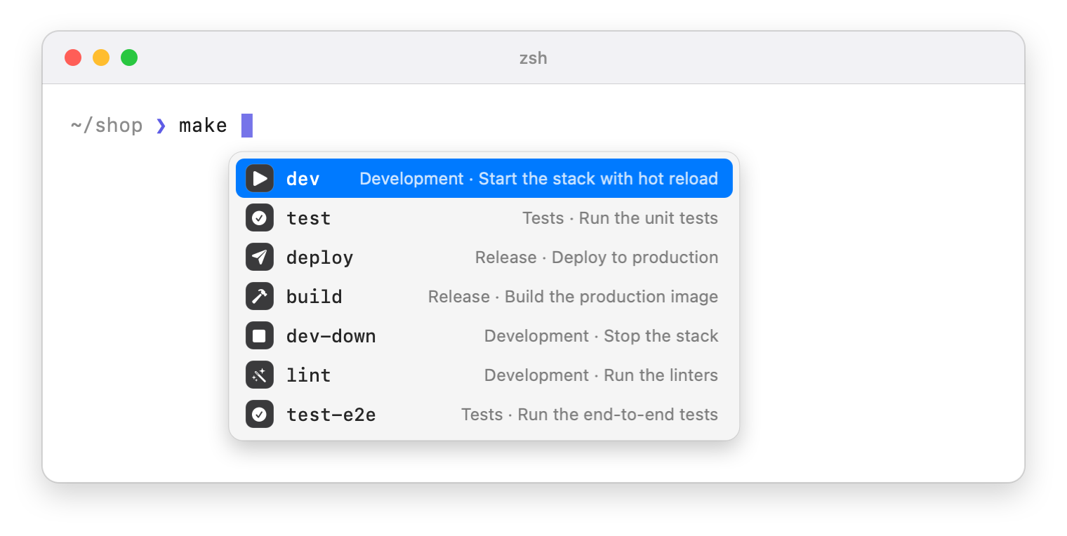 Terminal window with make typed and the popup listing Makefile targets with their section and help text