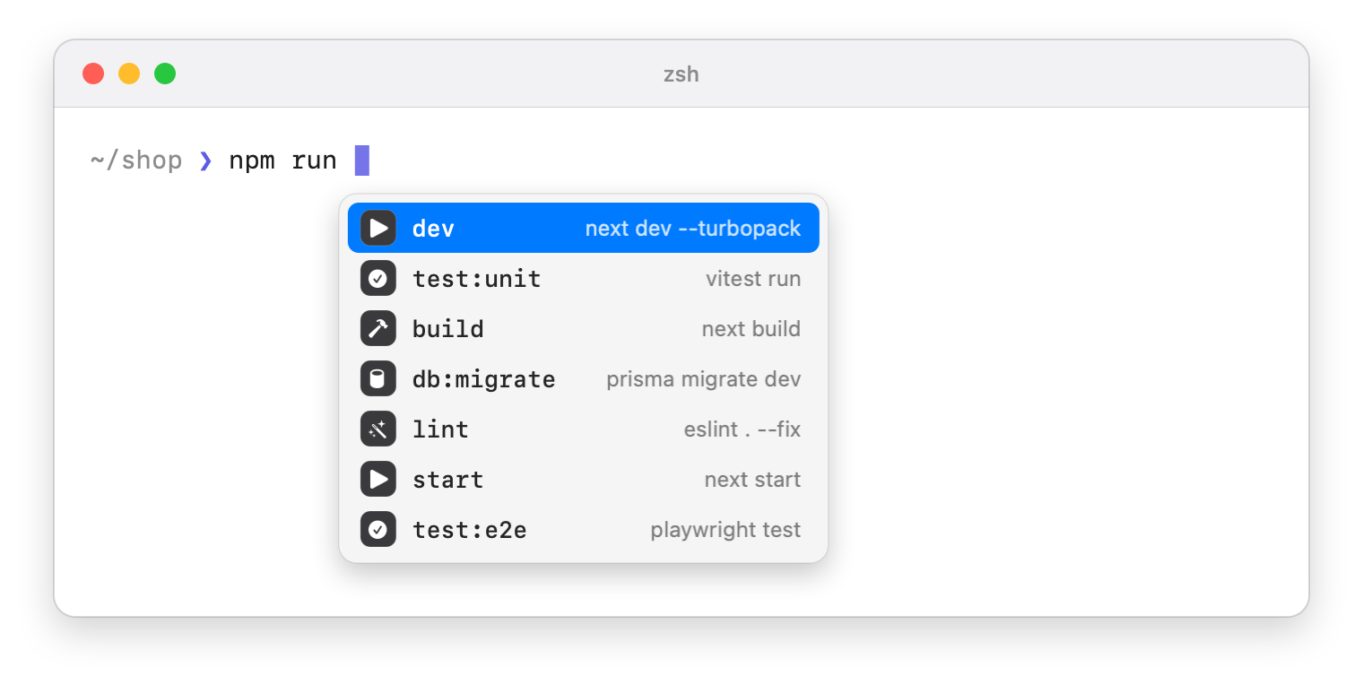 Terminal window with npm run typed and the popup listing package.json scripts with the command each one runs