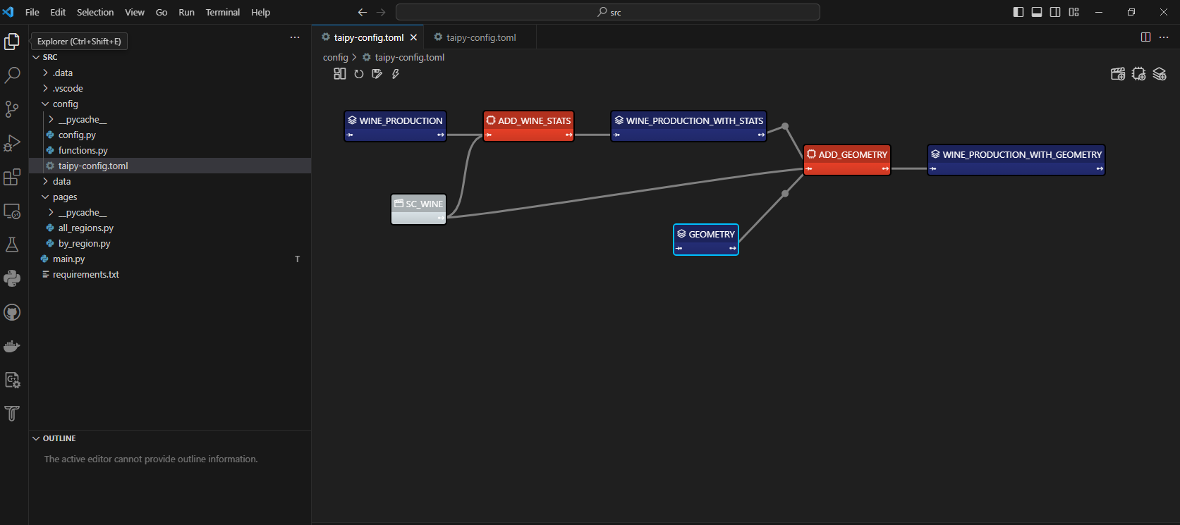 Taipy Studio showing the backend