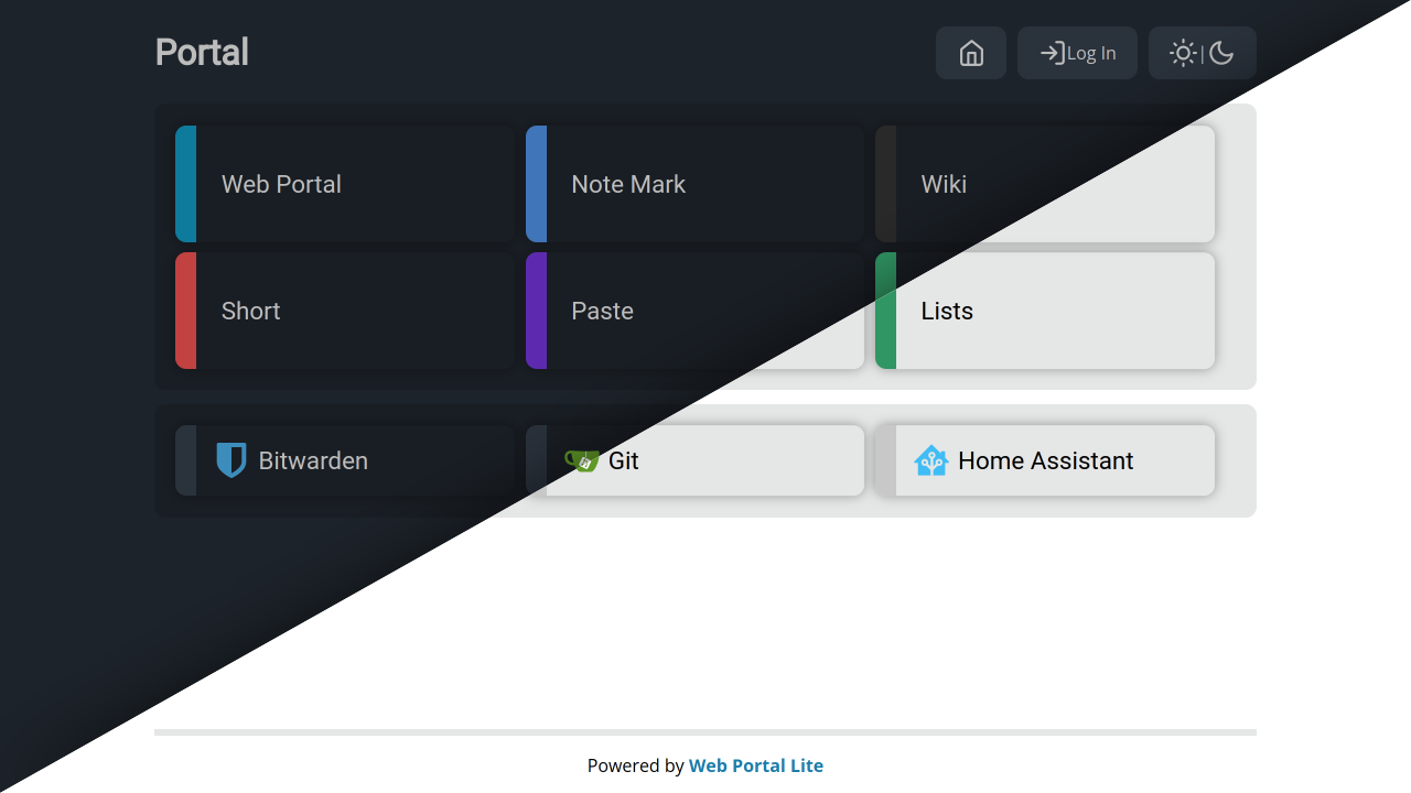 web-portal-lite showcase image, showing dark and light themes