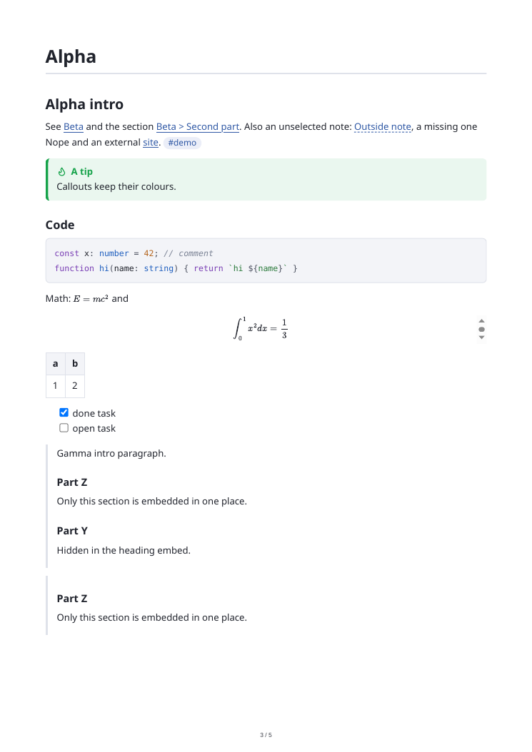 A page of the exported PDF: blue links jump to the other exported notes
