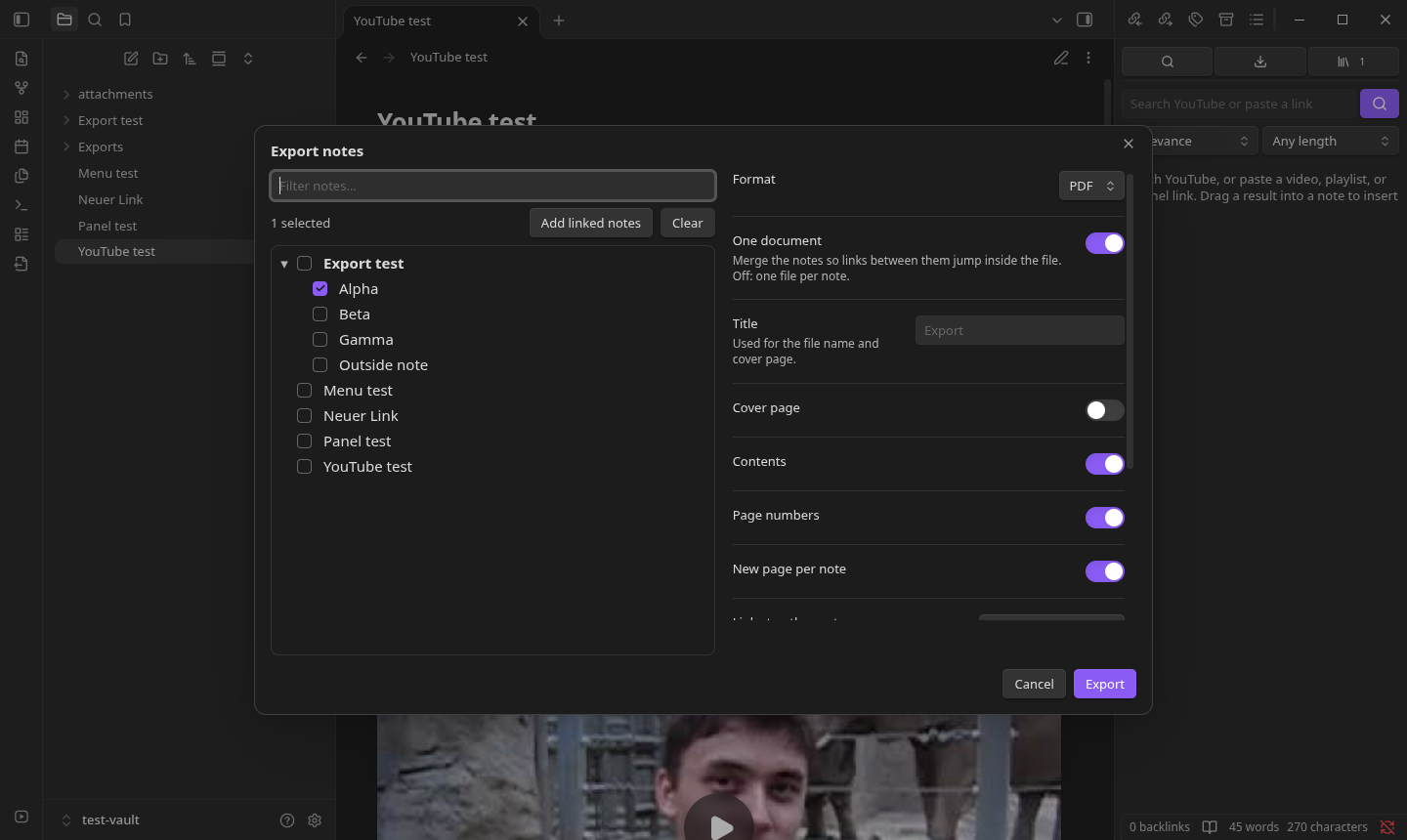 Export dialog with a note tree and options