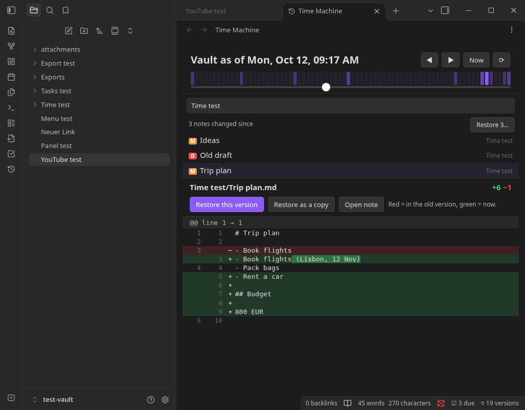 The time slider with an activity strip, the notes changed since, and a word-level diff