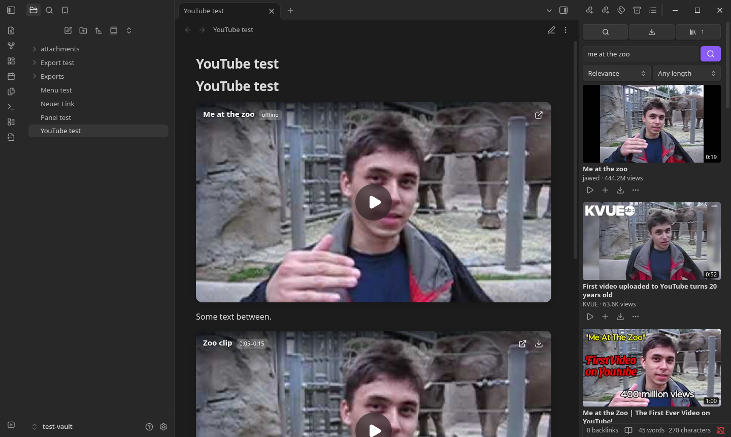 The YouTube panel with search results next to a note with embedded players