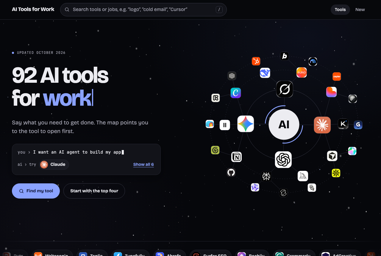 The AI Tools for Work homepage: the headline "91 AI tools for work", a typed prompt "I need a short video from a text prompt" answered with "try Google Flow", the Find my tool and Start with the big three buttons, a ring of orbiting tool logos on the right, and a strip of tool chips along the bottom