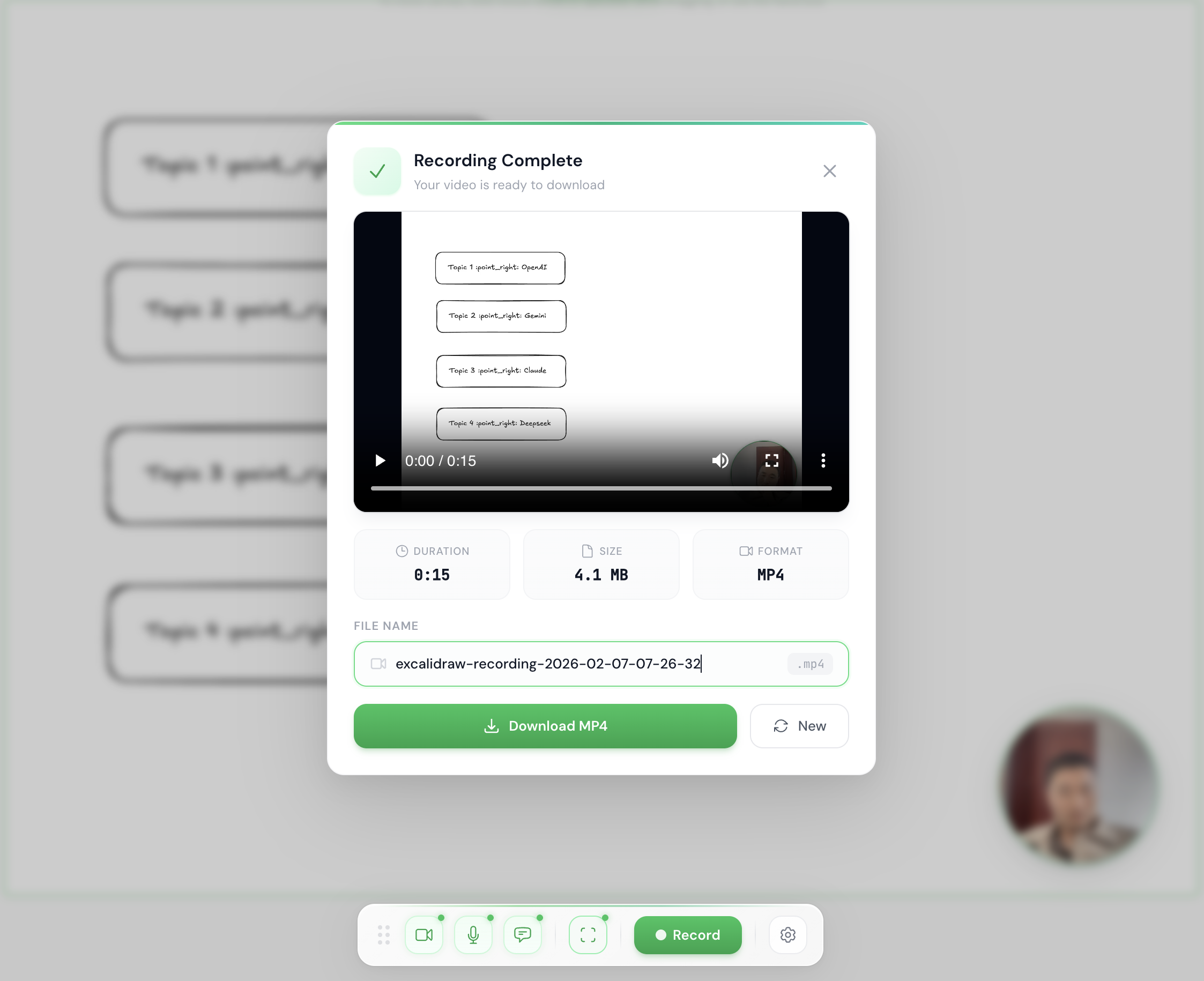 Excalidraw Recording — whiteboard with camera bubble, live captions, and recording controls