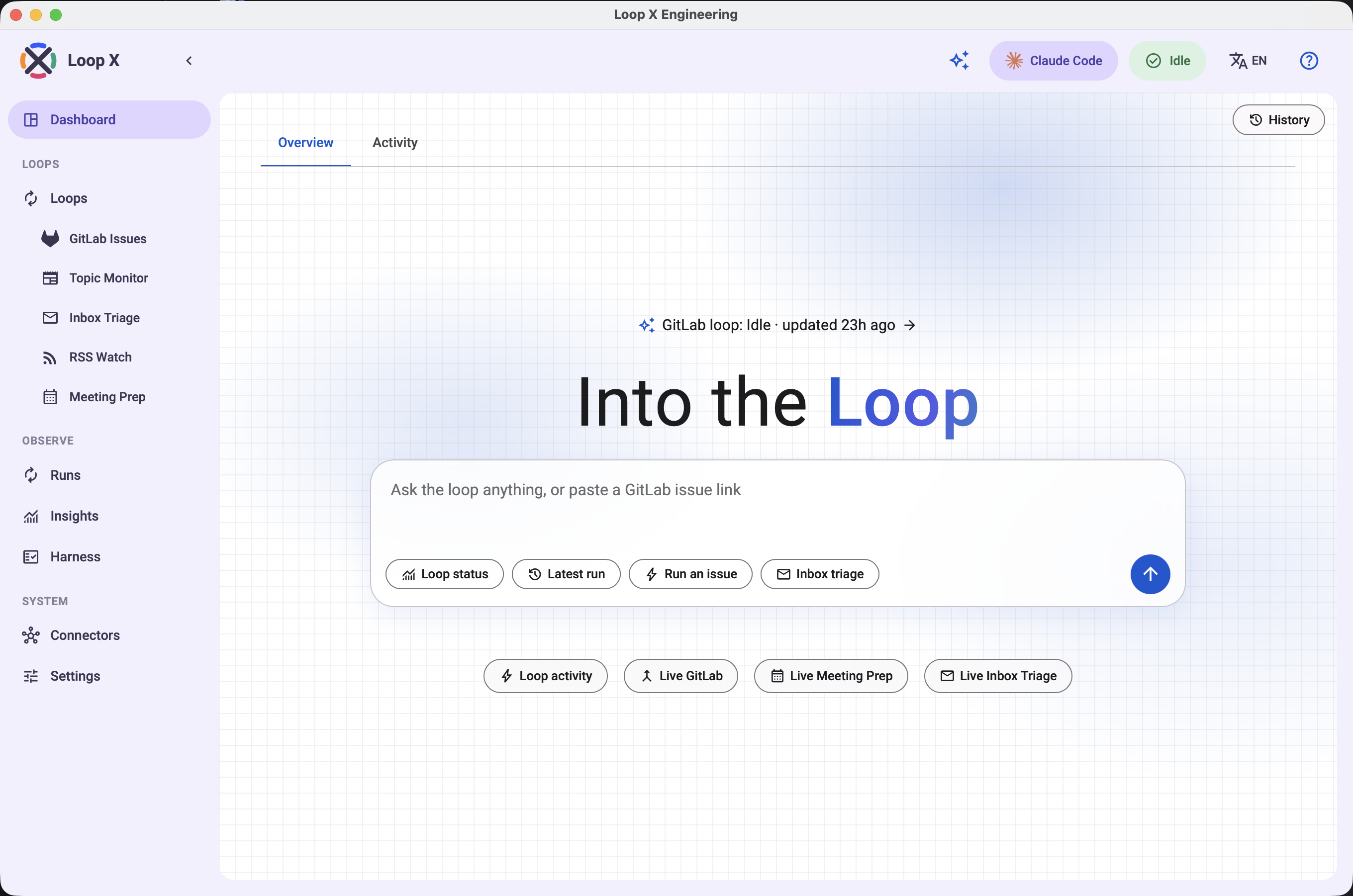 Loop X running as a native macOS app, the same dashboard as above but in its own window titled "Loop X Engineering" instead of a browser tab