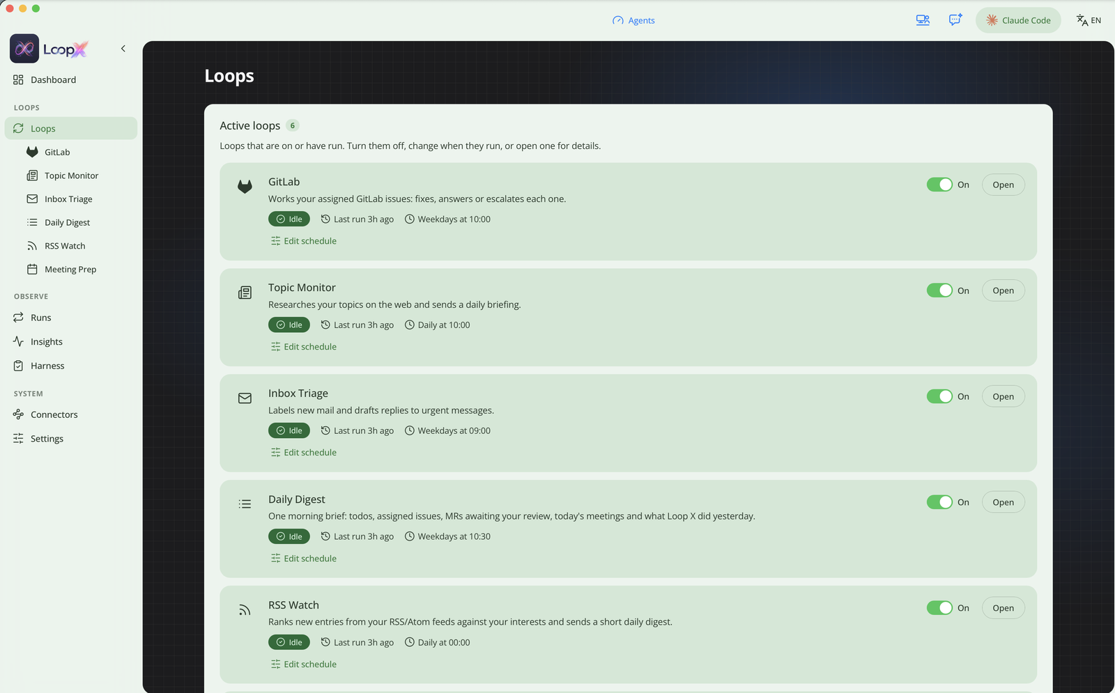 The Loops page showing GitLab (weekdays at 10:00), Topic Monitor (daily at 10:00), Inbox Triage (weekdays at 09:00), Daily Digest (weekdays at 10:30) and RSS Watch (daily at 00:00), each with an On toggle and an Edit schedule link