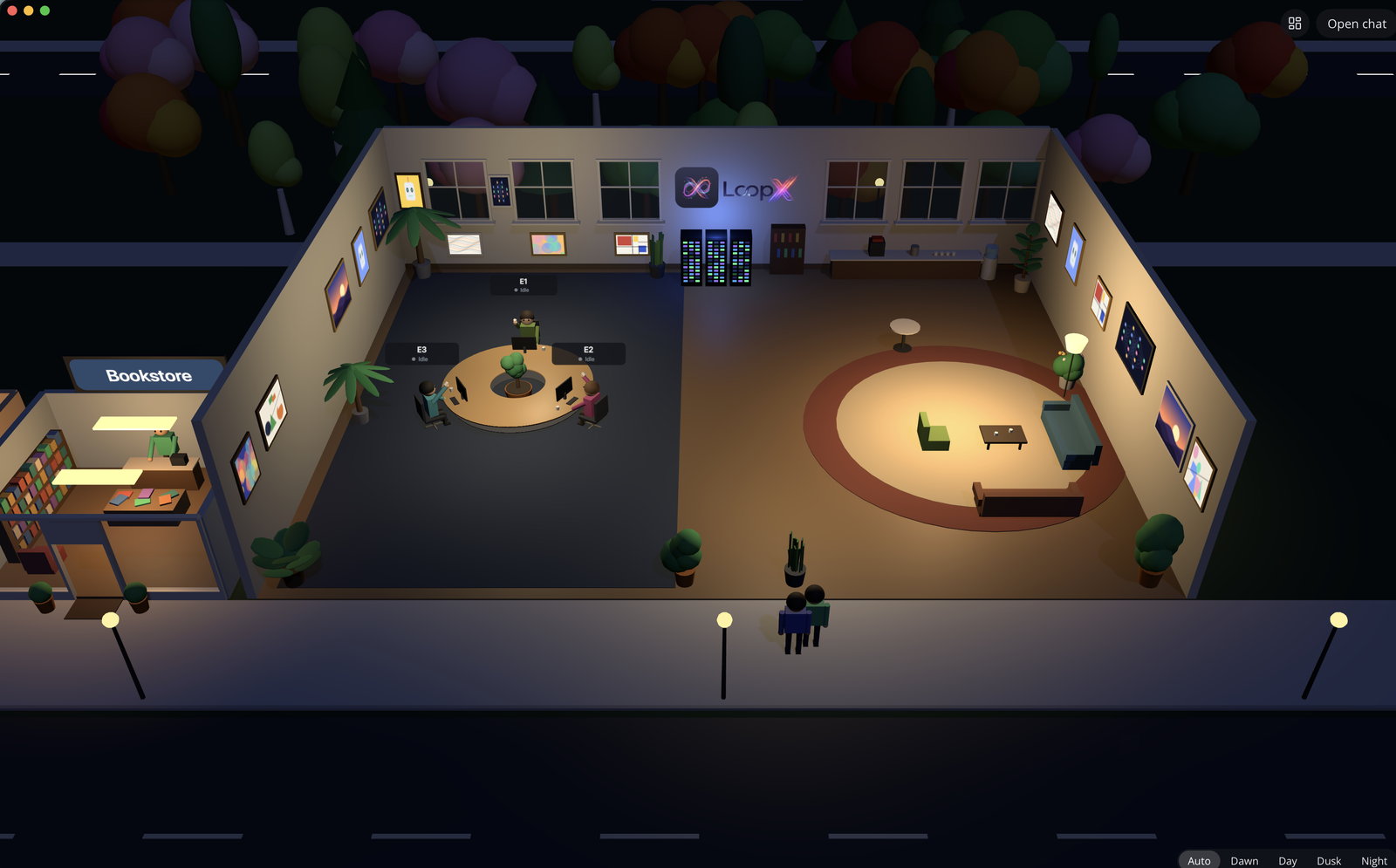The LoopX Office: an isometric night scene with three colleagues at a round desk labelled E1, E2 and E3, a lounge, a server rack under the LoopX logo, a bookstore on the left and pedestrians on the street, with Auto, Dawn, Day, Dusk and Night buttons along the bottom