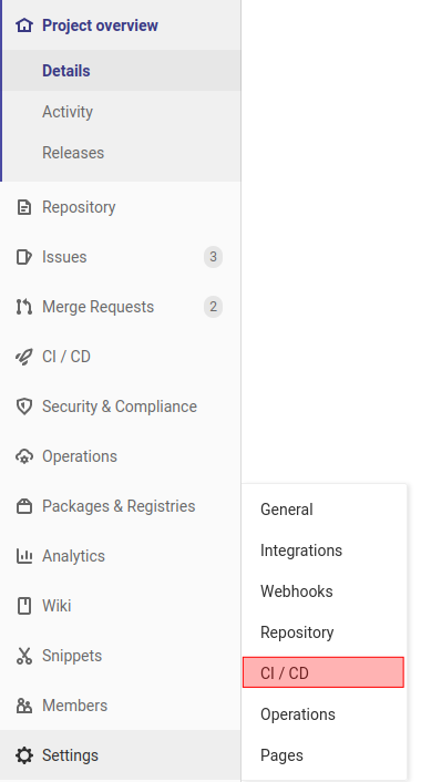 CI/CD Settings menu in Gitlab