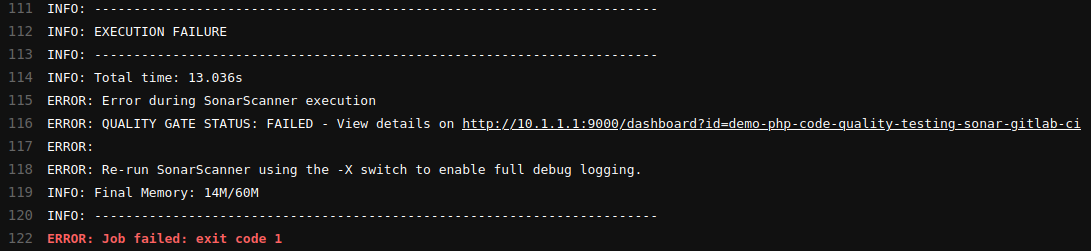 Gitlab CI logs when quality gate conditions are not verified