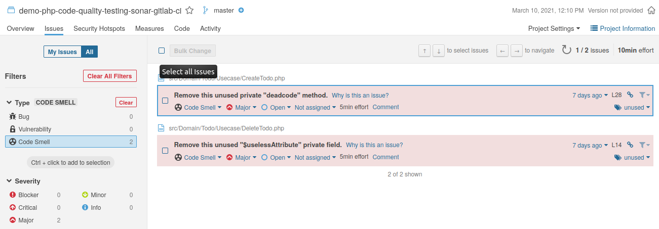 SonarQube code smells report