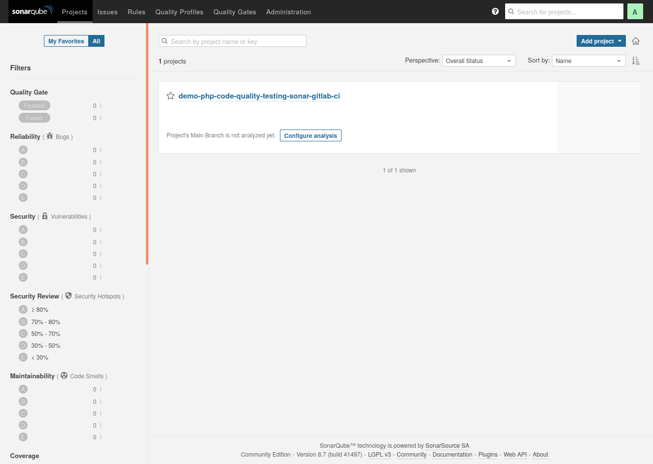 SonarQube homepage after adding your first project