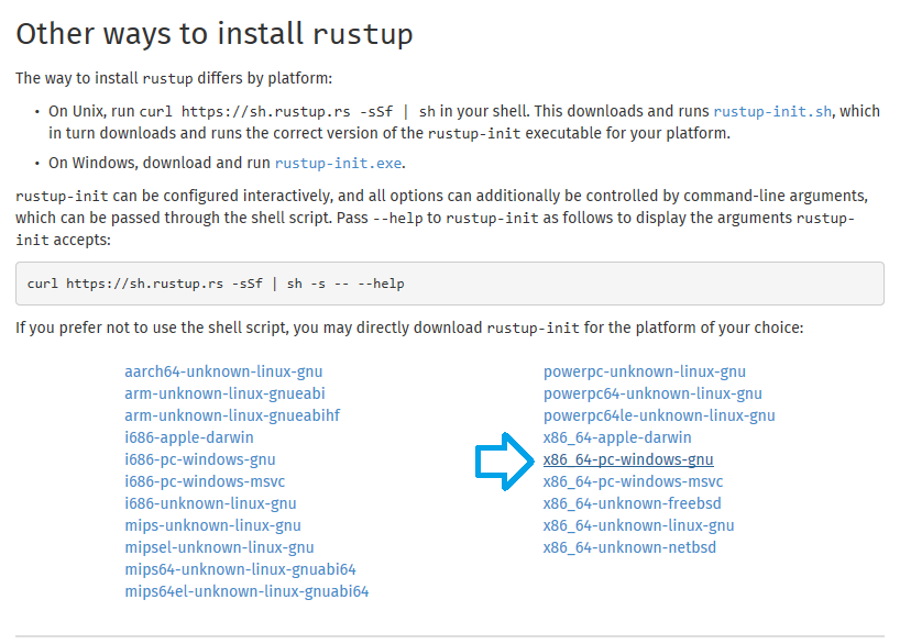 Screenshoot about rustup installation