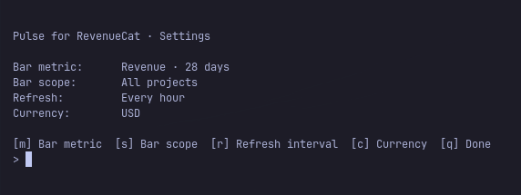 Pulse for RevenueCat terminal settings manager