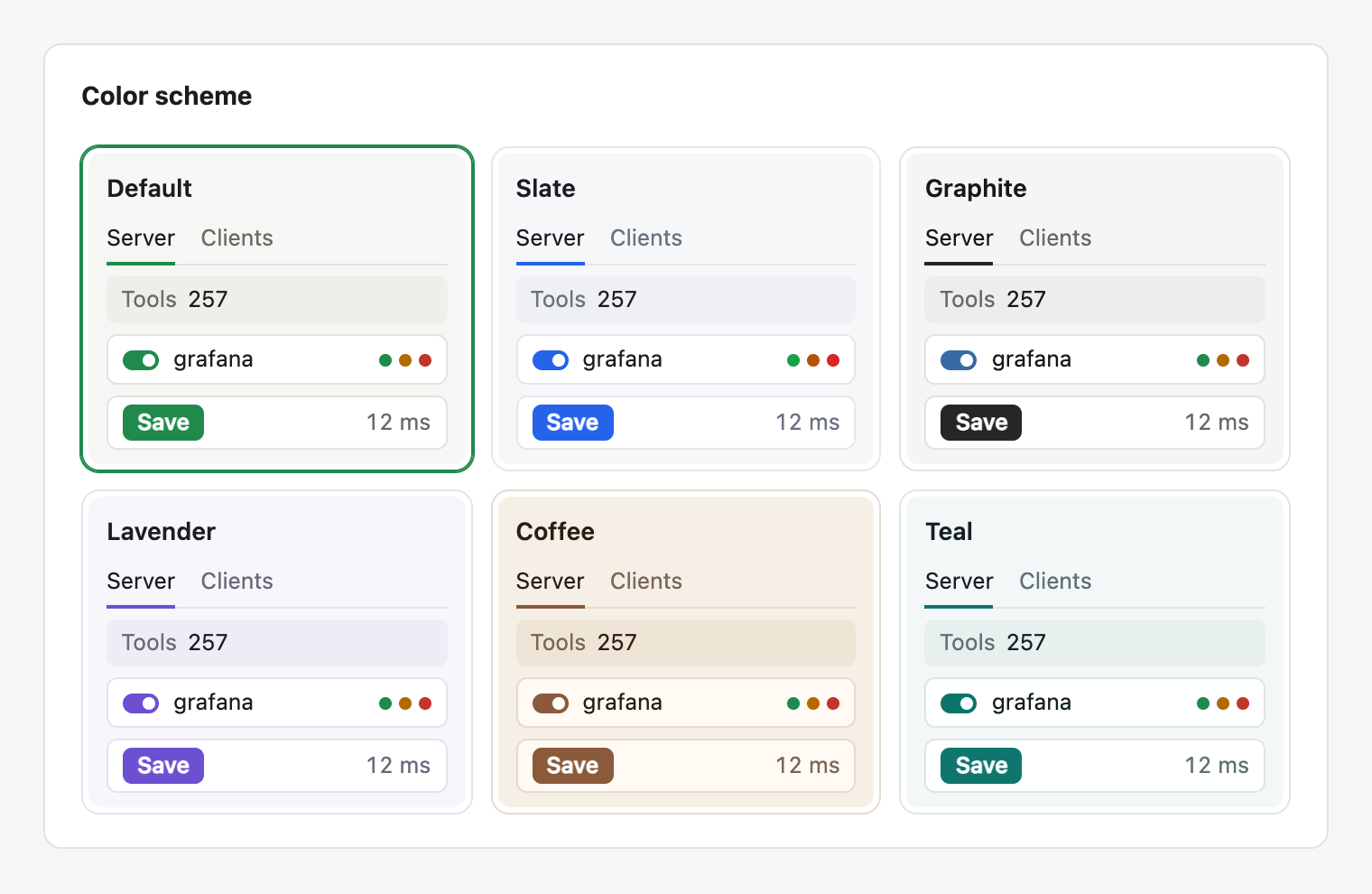 The six color schemes as preview cards under Settings → Interface