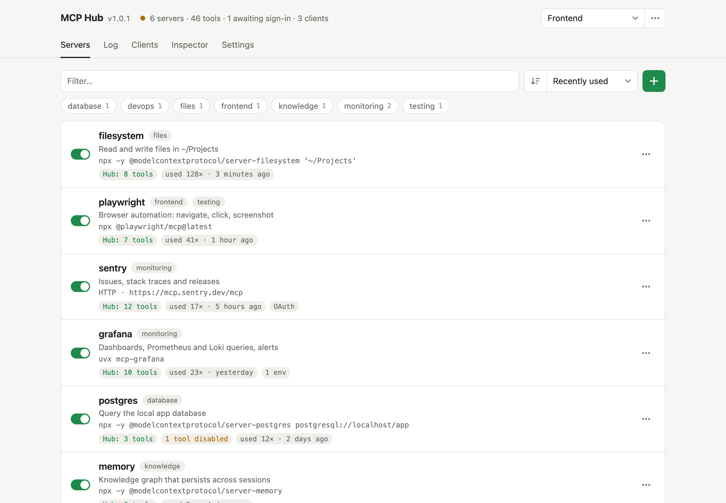 MCP Hub server list with profiles, tool counts, usage and an OAuth sign-in prompt