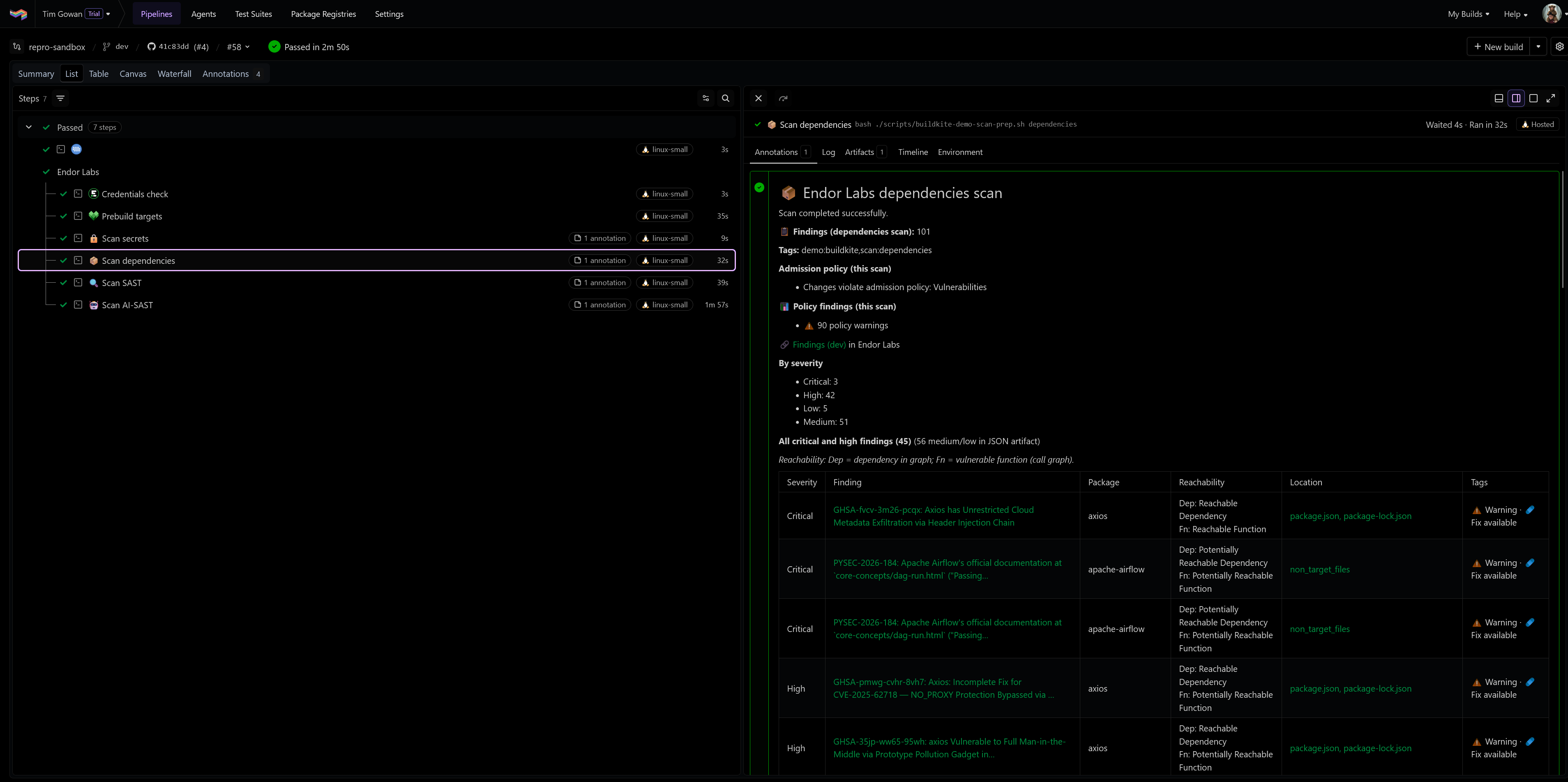 Endor Labs dependency scan annotation in Buildkite — severity counts, policy status, and critical/high findings table