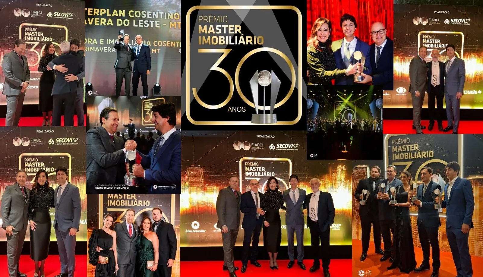 Mosaico de fotos da cerimônia de entrega do Prêmio Master Imobiliário 2024 para o Masterplan Cosentino em Primavera do Leste, MT