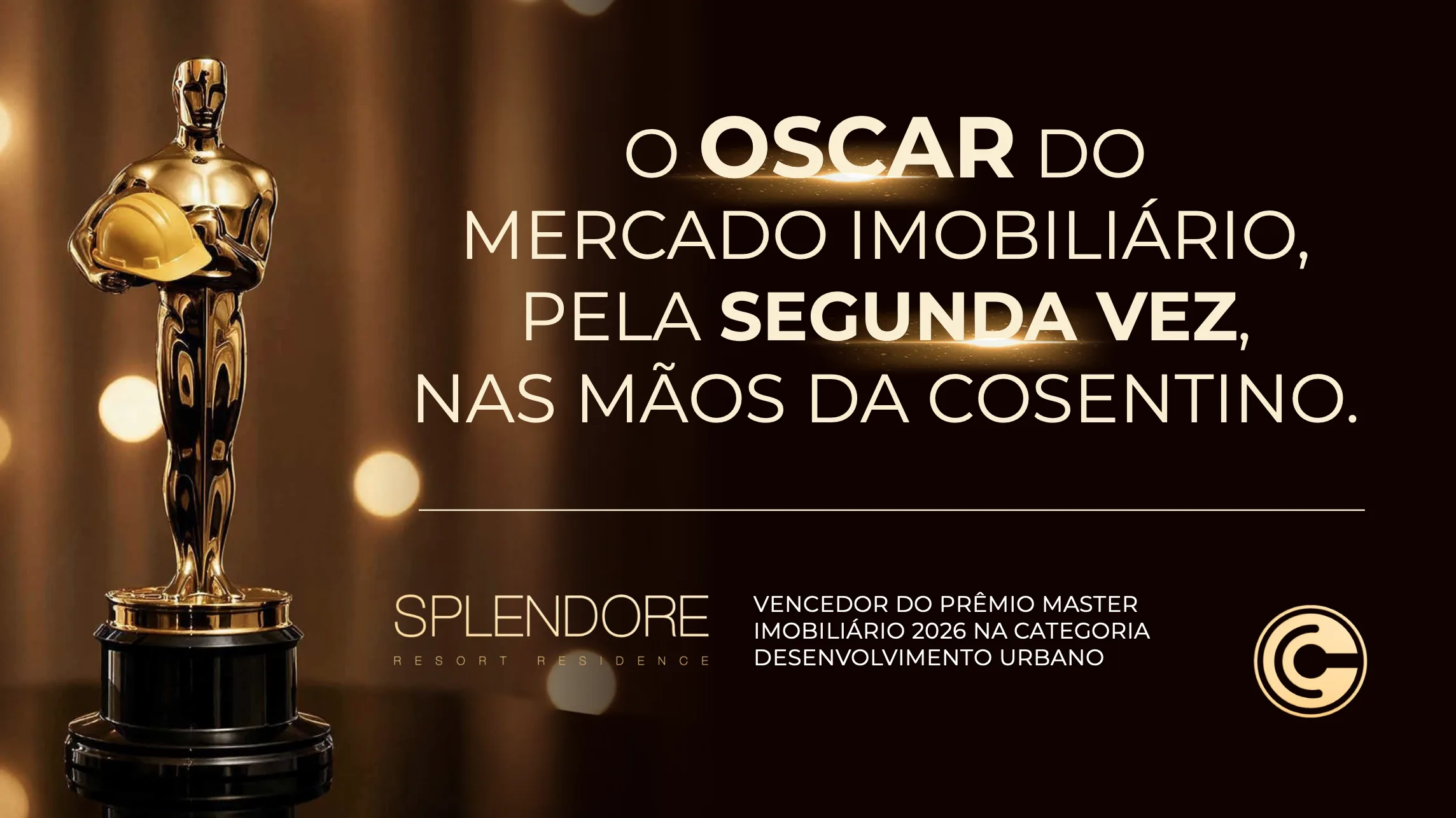 Arte comemorativa: o Oscar do mercado imobiliário, pela segunda vez, nas mãos da Cosentino. Splendore Resort Residence, vencedor do Prêmio Master Imobiliário 2026 na categoria Desenvolvimento Urbano