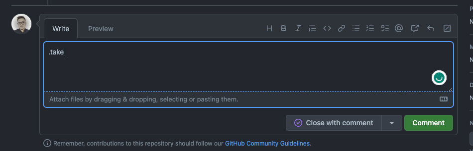 Screenshot of the Issues comment section with a sample comment of ".take"