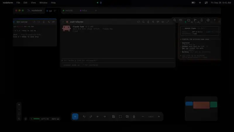 Agent status — subagent fan-out with a context meter; a permission prompt lights the notch and posts a macOS notification; Go jumps to the node; ✓ Approve in its header