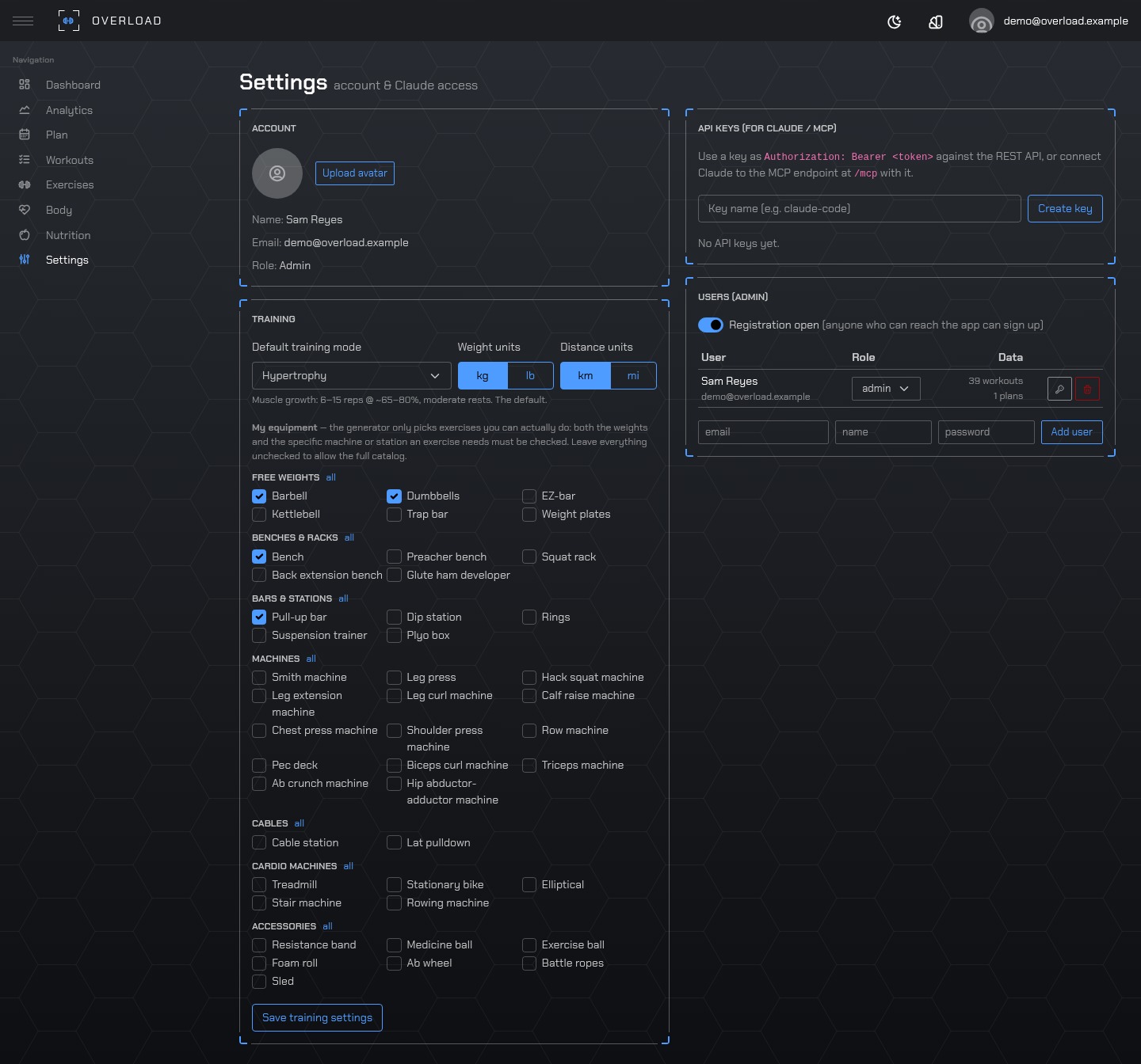 Settings: account, training defaults, equipment, API keys, users
