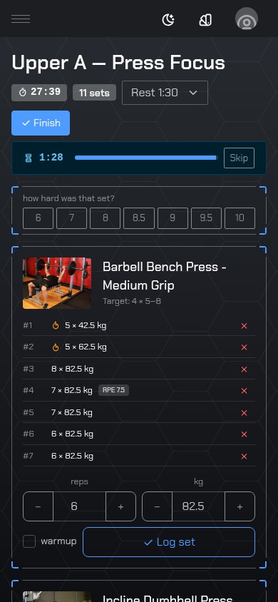 Logging a set mid-session: rest timer counting down and the effort-rating prompt open