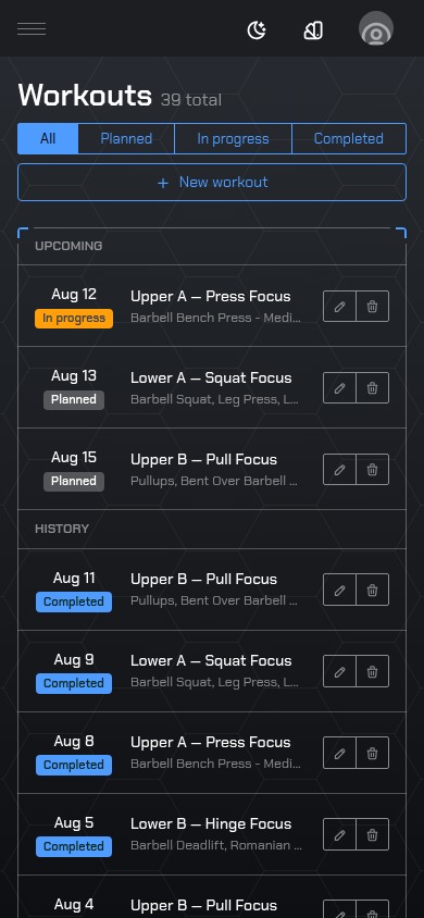 Workout list, upcoming and history