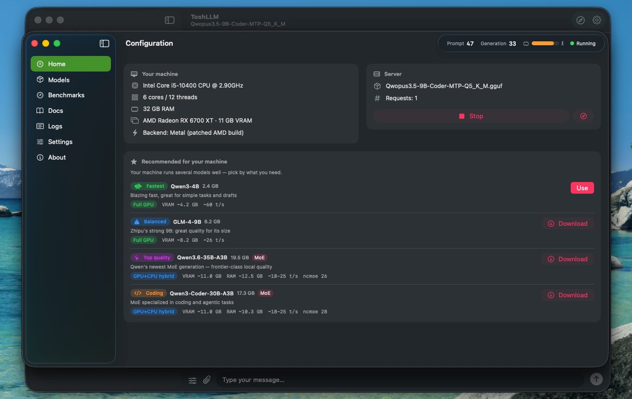 ToshLLM home screen — hardware detection and model recommendations