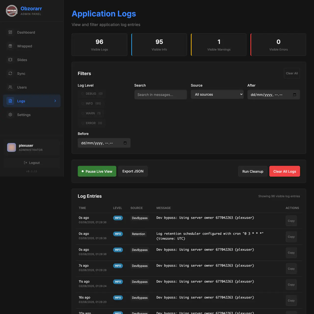 Live log stream