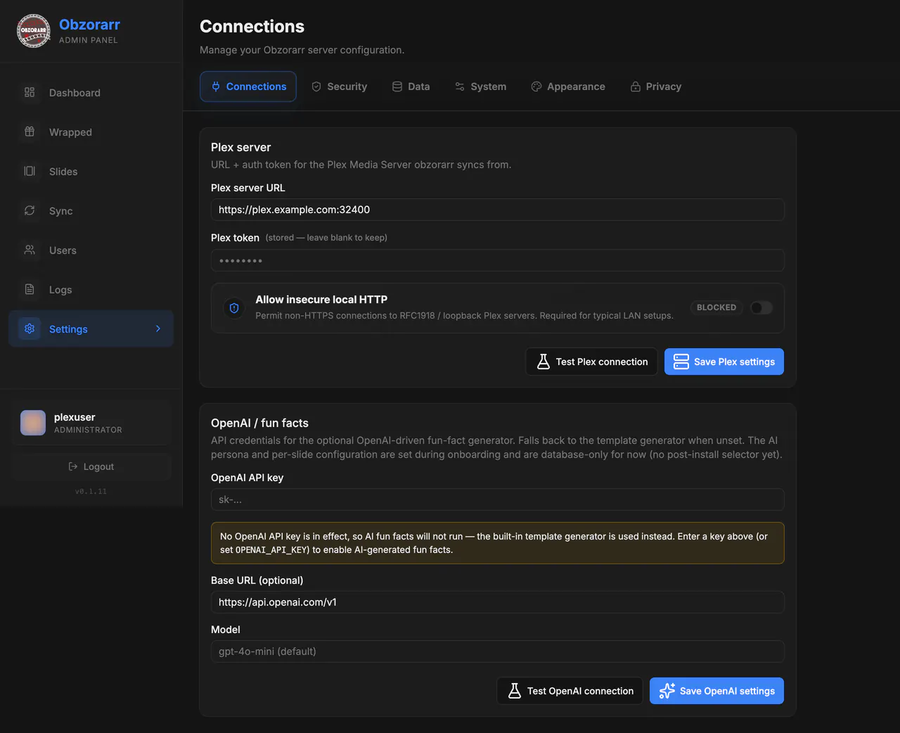 Plex connection settings