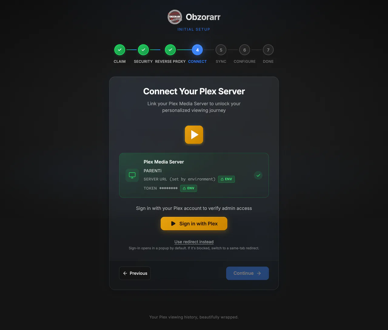 Connect step with server URL and token locked by environment variables