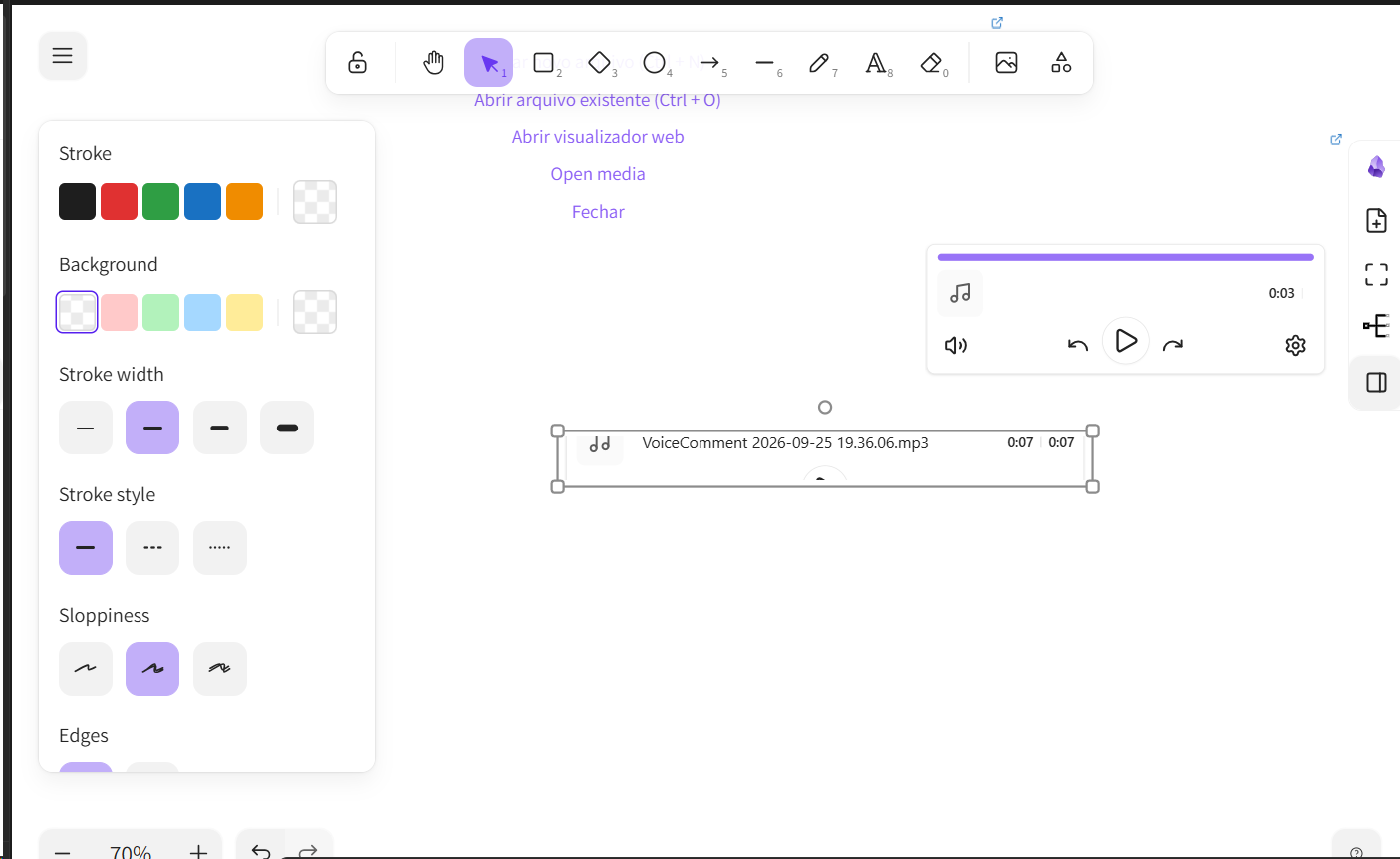The VoiceComment audio player inserted inside an Excalidraw drawing, showing the file name and its duration